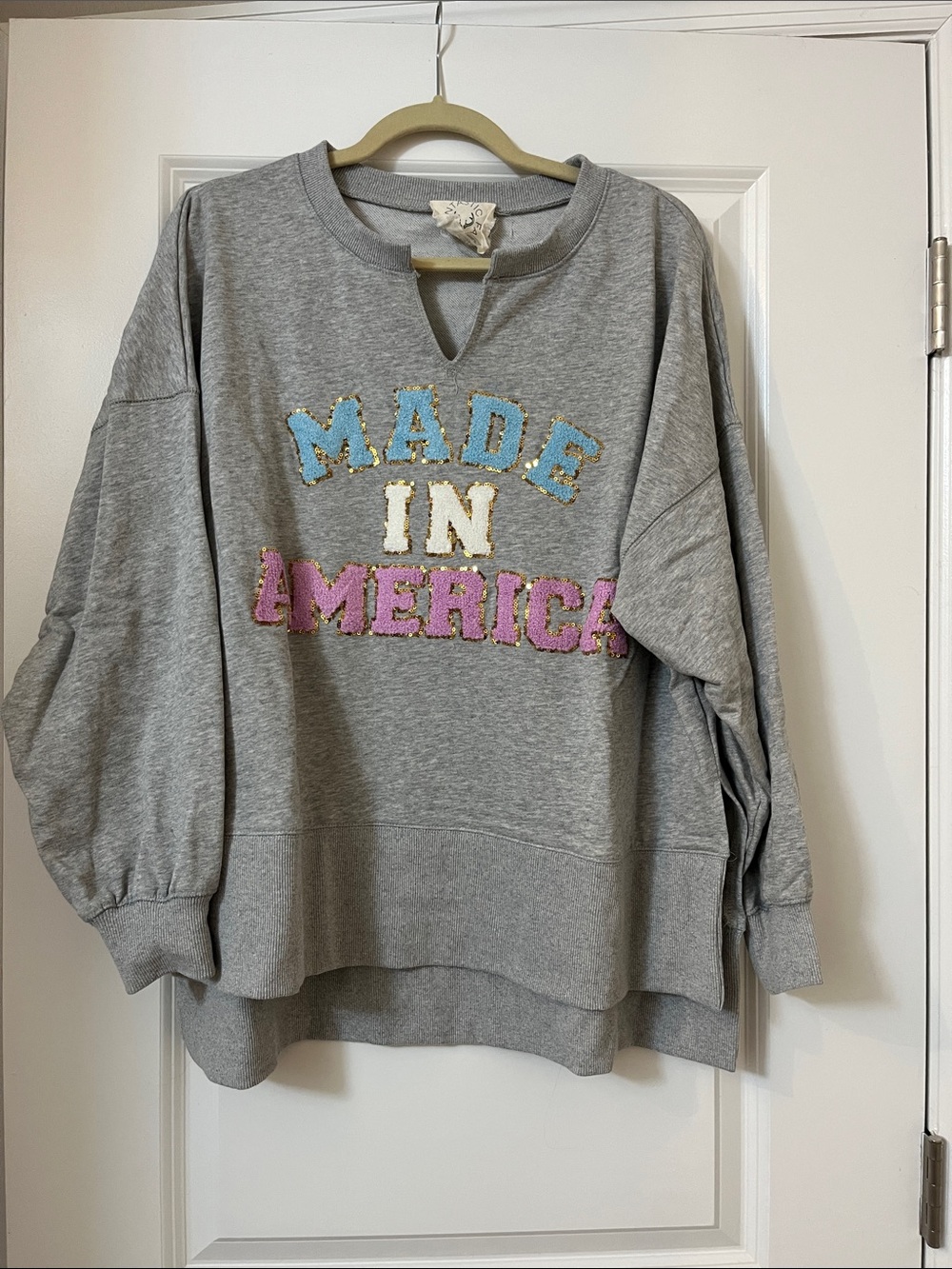 Fantastic Fawn Gray Crewneck Sweatshirt with Pastel Embroidered Lettering